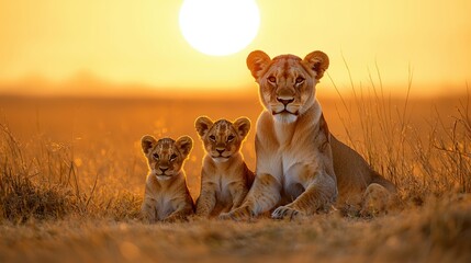 Wall Mural - Lioness and Cubs at Sunset in African Savanna