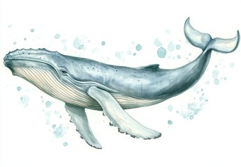 Humpback whale watercolor illustration. Underwater fauna.