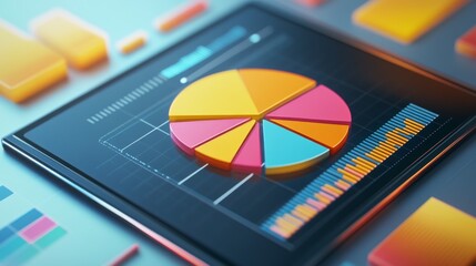 Fototapete - A 3D pie chart displayed on a digital tablet screen, showing different data segments with vibrant colors and a clean, tech-focused environment.