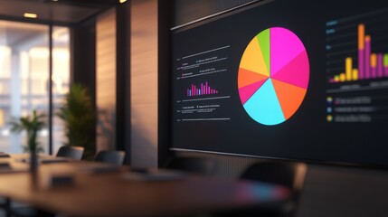 Fototapete - A 3D pie chart visualizing market share data, with vibrant segments and percentages, displayed on a large interactive screen during a business presentation.