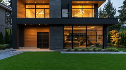 Canvas Print - Modern Home Exterior with Black and Wood Facade  Green Lawn and Landscaping