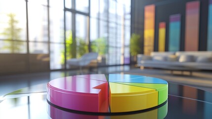 Poster - A 3D pie chart with interactive data labels popping out, set against a modern office background to showcase dynamic data presentation.