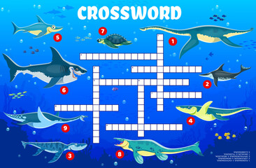 Poster - Crossword quiz game grid with underwater prehistoric dinosaurs, cartoon vector worksheet. Kids crossword game to guess words of dinosaur reptiles of sea and ocean or Jurassic era underwater animals