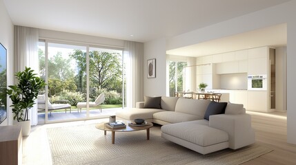 Sticker - Modern Living Room Interior Design with Sectional Sofa and Garden View