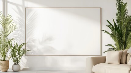 Wall Mural - Modern Living Room Interior with Sofa  Plants  and Empty Frame Mockup