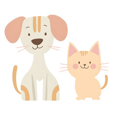 Playful Portrait of Cheerful Dogs and Cats with Wagging Tails in Pastel Cartoon Style on White Background