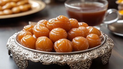 A beautiful display of traditional Indian sweets, like gulab jamun and jalebi, arranged on a decorative platter with a cup of chai tea in the background