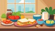 © stéphane huvé - Morning breakfast ingredients for sandwich laying on kitchen table concept. Vector flat cartoon graphic design illustration
