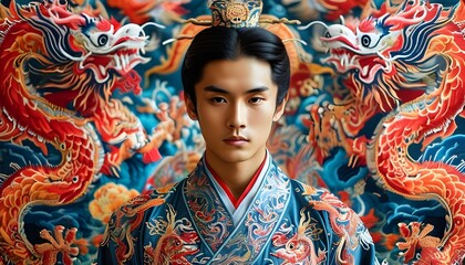 Wall Mural - Young Chinese man in exquisite hanfu amidst vibrant embroidered dragons