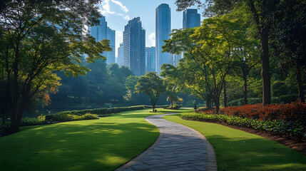 A winding stone path leads through a lush park with towering skyscrapers in the background, creating a contrast between nature and urban development.