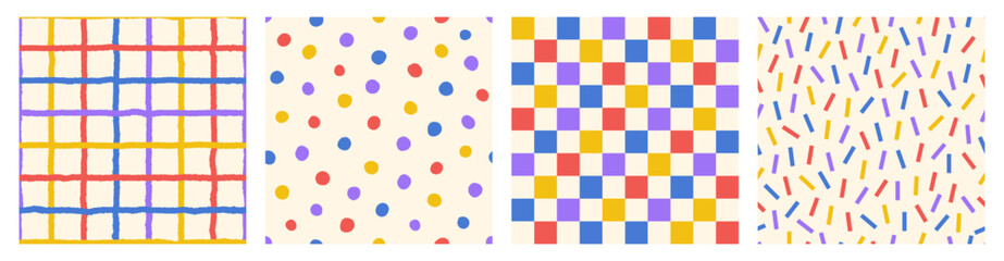 Wall Mural - seamless pattern set of multicolored hand drawn curved checkered lines, polka dots and strip. trendy