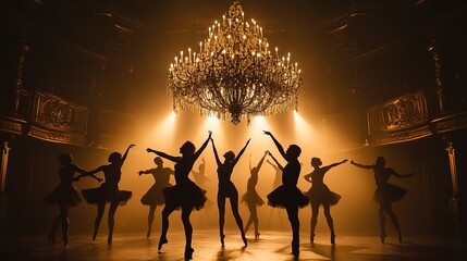 Poster - Silhouettes of dancers performing under a grand chandelier in a dark, atmospheric setting