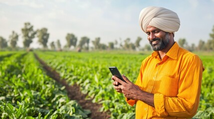 Indian Farmer Using Smartphone in Field