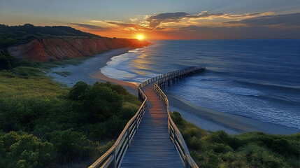 A wooden boardwalk winds its way down to the beach, where the sun is setting over the ocean. The beach is sandy and there are cliffs in the background.