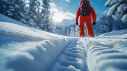 Mountaineer backcountry ski walking ski alpinist in the mountains. Ski touring in alpine landscape with snowy trees. Adventure winter sport.