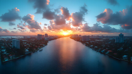 Wall Mural - Aerial view of a city skyline at sunset with a river flowing through it. The sky is ablaze with colors, and the buildings are reflected in the water.