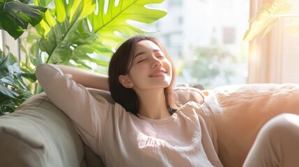 Wall Mural - A woman laying on a couch smiling while looking at the camera, AI