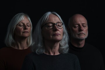 Three people with closed eyes are pictured against a black background