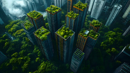 Wall Mural - Aerial view of a city with green roofs and trees.