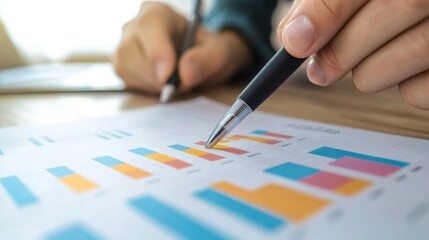Leinwandbilder - a business professional reviewing a printed financial report with bar charts, highlighting key metri