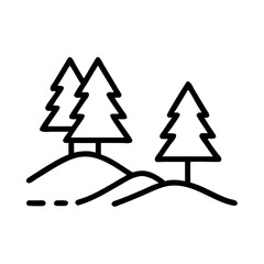 Pine trees on hills icon, black and white, nature landscape