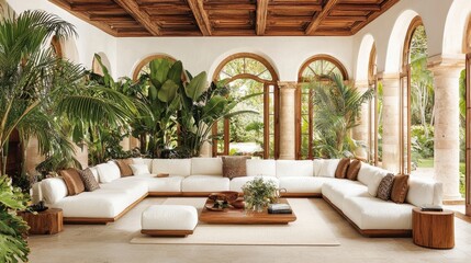 Poster - Modern Tropical Living Room Interior Design with White Sectional Sofa and Wooden Coffee Table