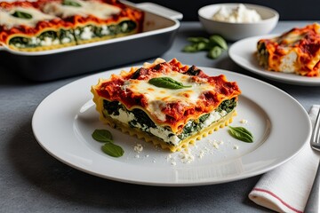 Wall Mural - Vegetarian Spinach Ricotta Lasagna Slice on Plate Authentic Italian Cuisine