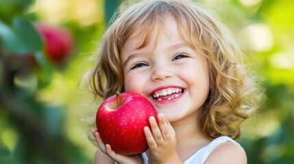 Wall Mural - A little girl holding a red apple in her hand, AI