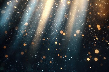 Wall Mural - Abstract sparkling light rays and lighting flare bokeh against on black sky background