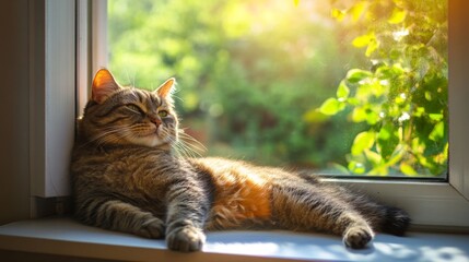 Poster - A chubby cat lounging lazily on a sunny windowsill, its fur glistening in the warm light while gazing outside at the garden.
