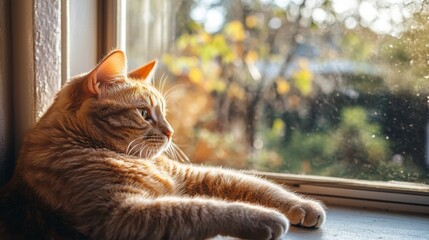 Poster - A chubby cat lounging lazily on a sunny windowsill, its fur glistening in the warm light while gazing outside at the garden.