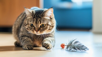 Poster - A chubby cat playing with a feather toy, showcasing its playful side and rounded figure, with a clean, bright background to emphasize its size