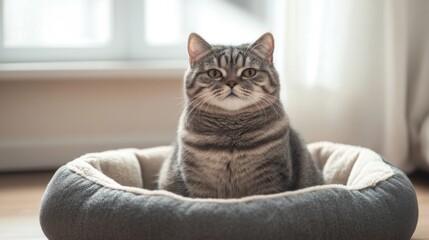 Poster - A chubby cat sitting upright in a cat bed, with a focus on its full body and content expression, set against a simple, comfortable backdrop.