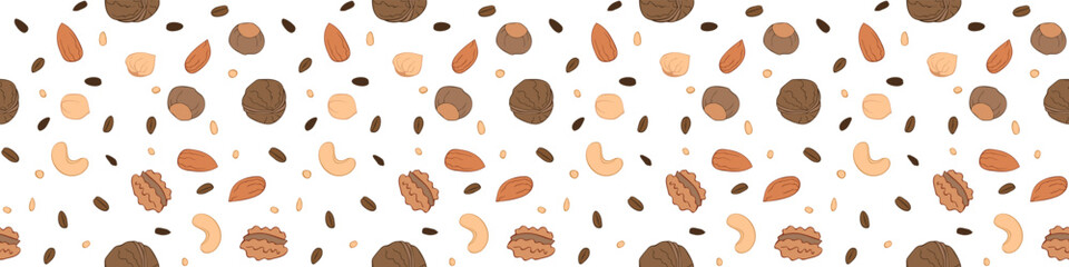 Wall Mural - Nut seamless pattern with line icons. Vector background of dry nuts and seeds - almond, cashew, hazelnut, walnut, . Food background.