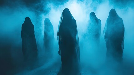 Canvas Print - Mysterious Silhouettes in Misty Blue Light, Halloween Horror Costume Celebration Concept 