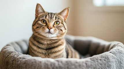 Poster - A chubby cat sitting upright in a cat bed, with a focus on its full body and content expression, set against a simple, comfortable backdrop.