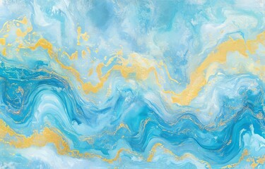 Ink and alcohol blue abstract background. Ocean style watercolor texture. Blue and gold paint stains illustration.