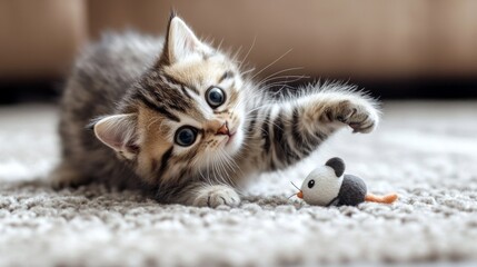 Poster - A chubby kitten playfully rolling around on a carpet, with its legs kicking in the air and a toy mouse nearby.