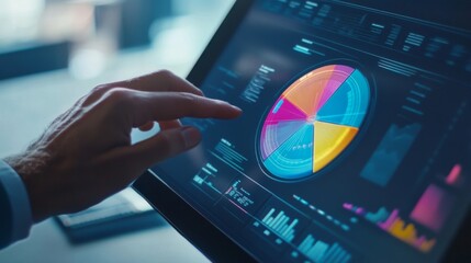 Poster - A close-up of a 3D pie chart being manipulated on a touchscreen monitor, with interactive segments highlighting different data points in a modern office setting.