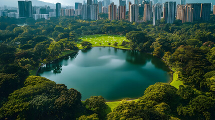 Wall Mural - An aerial view of a large park with a lake in the middle surrounded by lush greenery and tall buildings in the background.