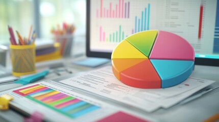 Aufkleber - A close-up of a 3D pie chart on a computer screen, showcasing different colored segments with clear labels, surrounded by office supplies and data reports