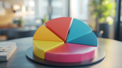 Leinwandbilder - A close-up of a 3D pie chart with each slice in a different color, showing a detailed view of the chart segments and labels, set against a modern office backdrop.