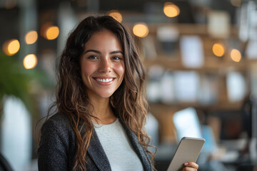 Smiling Businesswoman Holding Tablet in Office