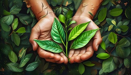 Symbolic hands embracing leaves in a logo design for nature conservation and environmental protection