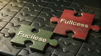 Fototapete - Blank puzzle with the word success over the missing piece being held next to the whole with a red placer with the word failure where the last piece belongs.
