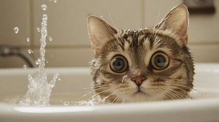 A close-up of a cat sitting in a shallow bath with gentle water splashing around, showing its curious expression and wet fur in a cozy bathroom setting.