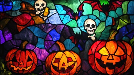 colorful stained glass in halloween motifs, including jack-o'-lanterns, skeletons, and flying bats.