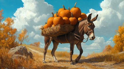 Sticker - A donkey carrying a basket of pumpkins on its back, AI