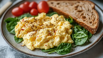 Poster - healthy breakfast ideas, enjoy a balanced breakfast of scrambled eggs, spinach, and whole wheat toast for a productive day ahead, served on a plate