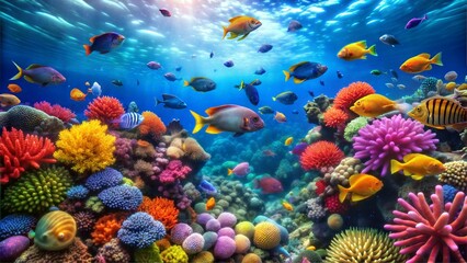 Vibrant coral reef teeming with colorful fish and diverse marine life in clear blue ocea